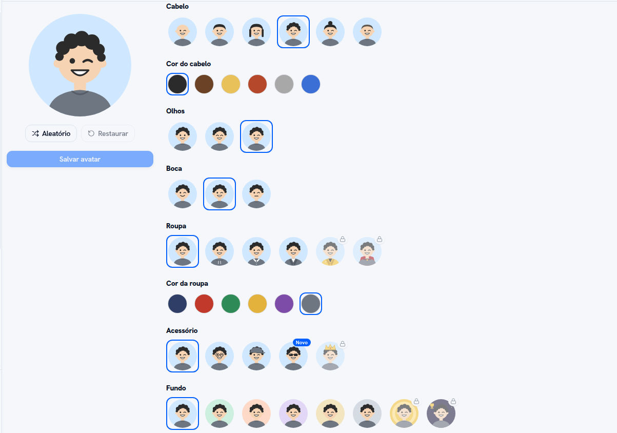 Editor de avatar da gamificação do Nascente CRM